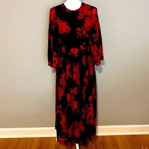 H&M Red and Black Floral Midi Dress
